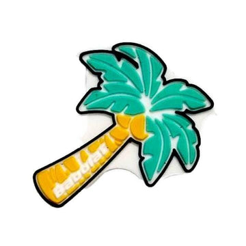 A playful palm tree illustration, inspired by the Babolat Loony Damp Tennis Dampener - Palm Tree from Babolat, features a yellow trunk and green leaves outlined in black on a white background.