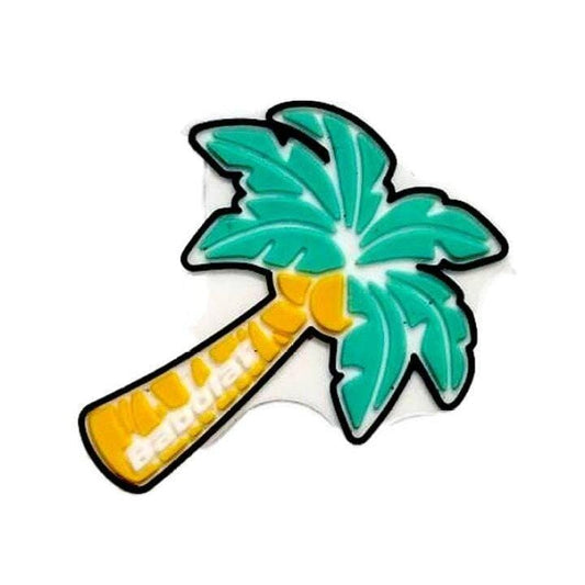 A playful palm tree illustration, inspired by the Babolat Loony Damp Tennis Dampener - Palm Tree from Babolat, features a yellow trunk and green leaves outlined in black on a white background.