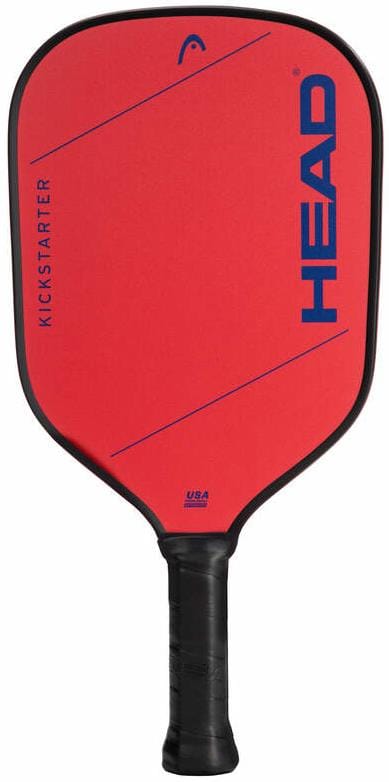 The HEAD Kickstarter Red Pickleball Paddle by HEAD, photographed on a white background, features a black handle and blue lettering—making it an ideal entry-level paddle.