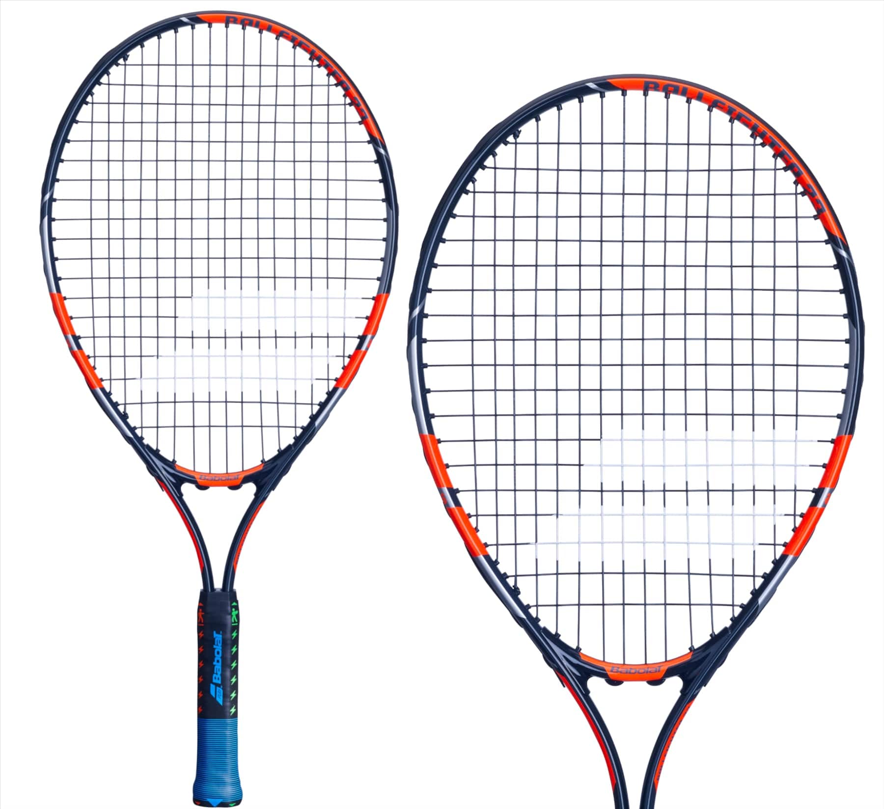 The Babolat Ballfighter 23 Junior Tennis Rackets feature black strings and vibrant blue and orange frames. One racket handle is equipped with a blue grip. These beginner-friendly rackets, in a playful nod to the Babolat series, are showcased at various angles against a white background.