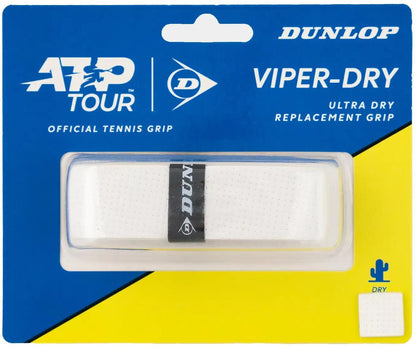 The Dunlop ATP Viper Dry Replacement Tennis Grip - White offers superior sweat absorption and durability. Official ATP Tour grip, packaged by Dunlop in a clear case on a blue and yellow card.