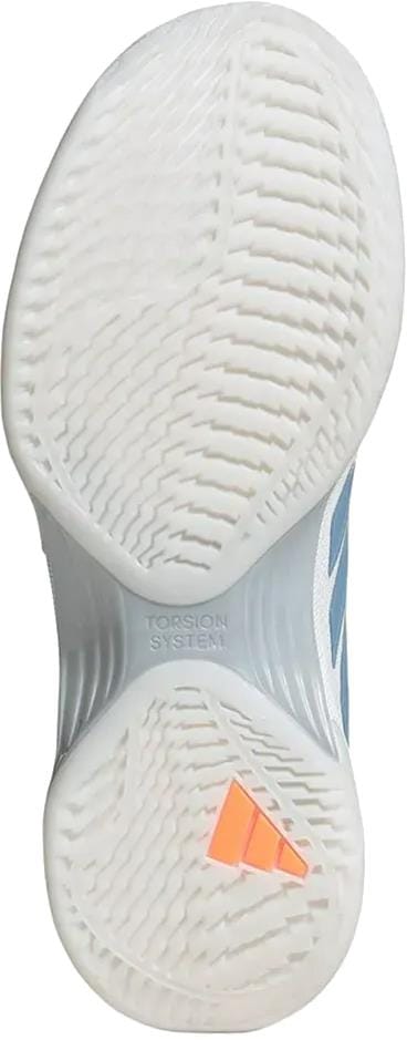 The image displays the white sole of adidas Avacourt 3 Women's Tennis Shoes (Core White/Halo Blue/Beam Orange) with a textured grip, an orange triangular logo near the heel, "TORSION SYSTEM" on the midfoot, and partial blue stripes on the side.