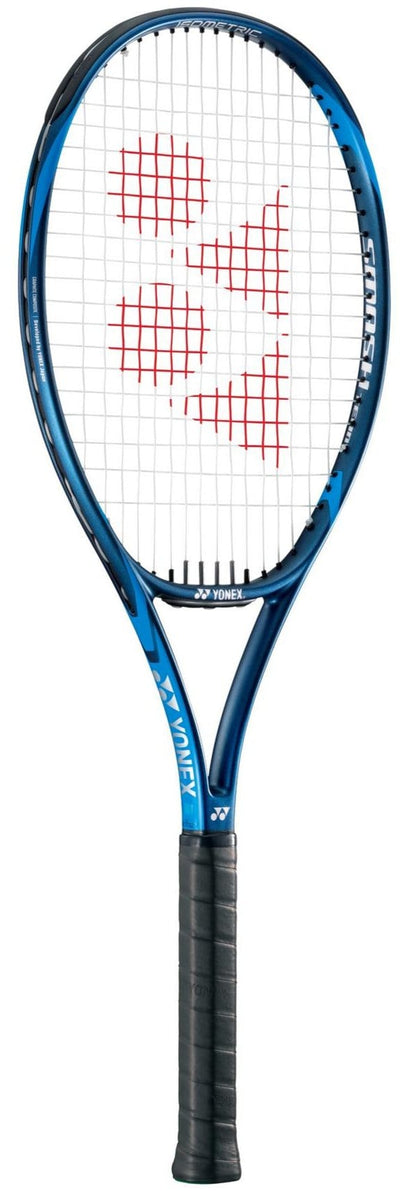 The Yonex Smash Team Tennis Racket - Deep Blue boasts a stylish design in deep blue, incorporating ISOMETRIC™ technology. It features a black grip and has red branding on the strings. The white manufacturer's logo is prominently displayed on the frame, providing an accessible experience for players of all skill levels.