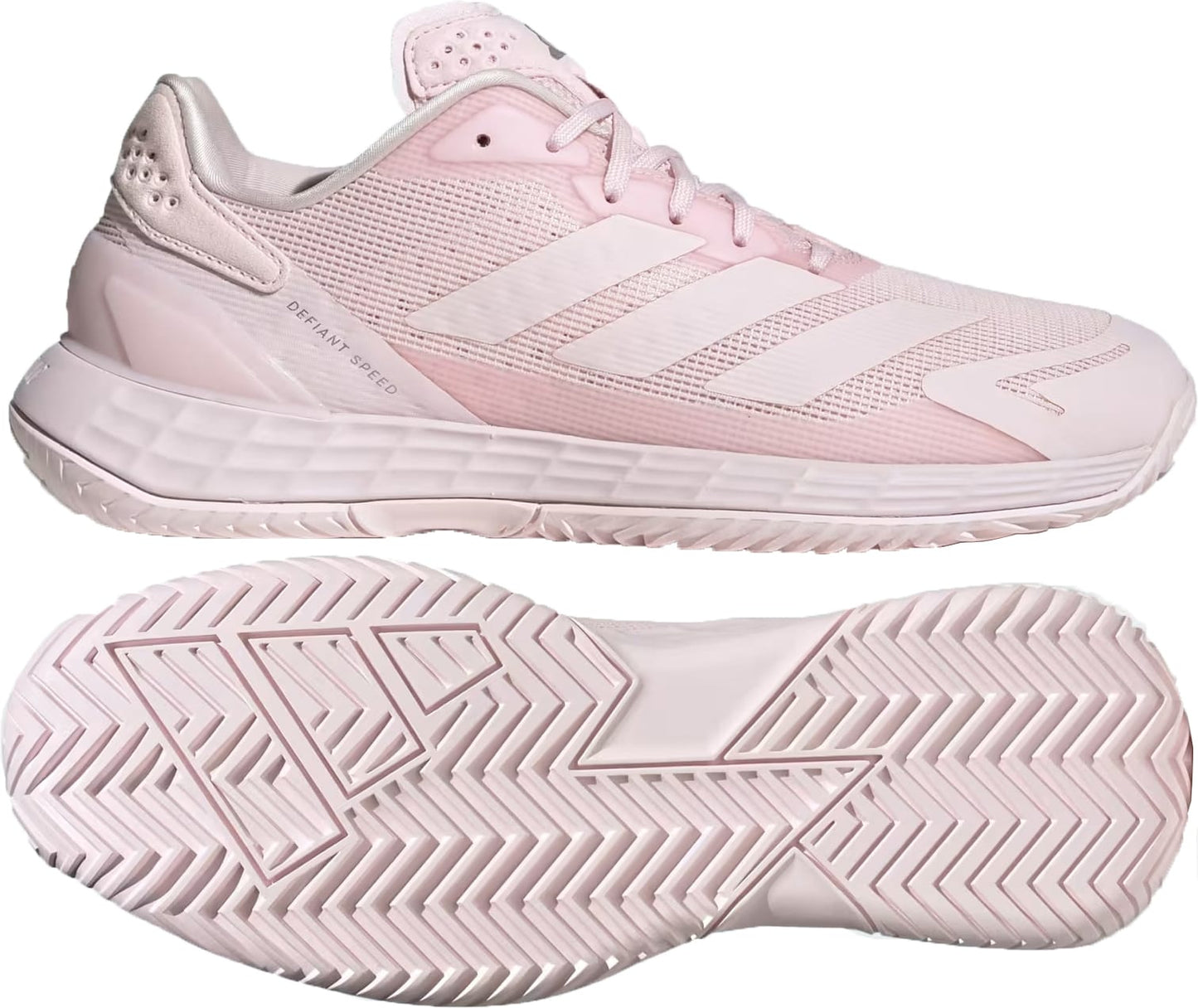 The adidas Defiant Speed 2 Womens Tennis Shoes in Distilled Pink are displayed from the side and bottom, showcasing a breathable mesh upper accented by the signature three stripes and a durable rubber outsole with a herringbone pattern for optimal traction. These lightweight tennis shoes blend style and high-performance features, making them ideal for on-court play.