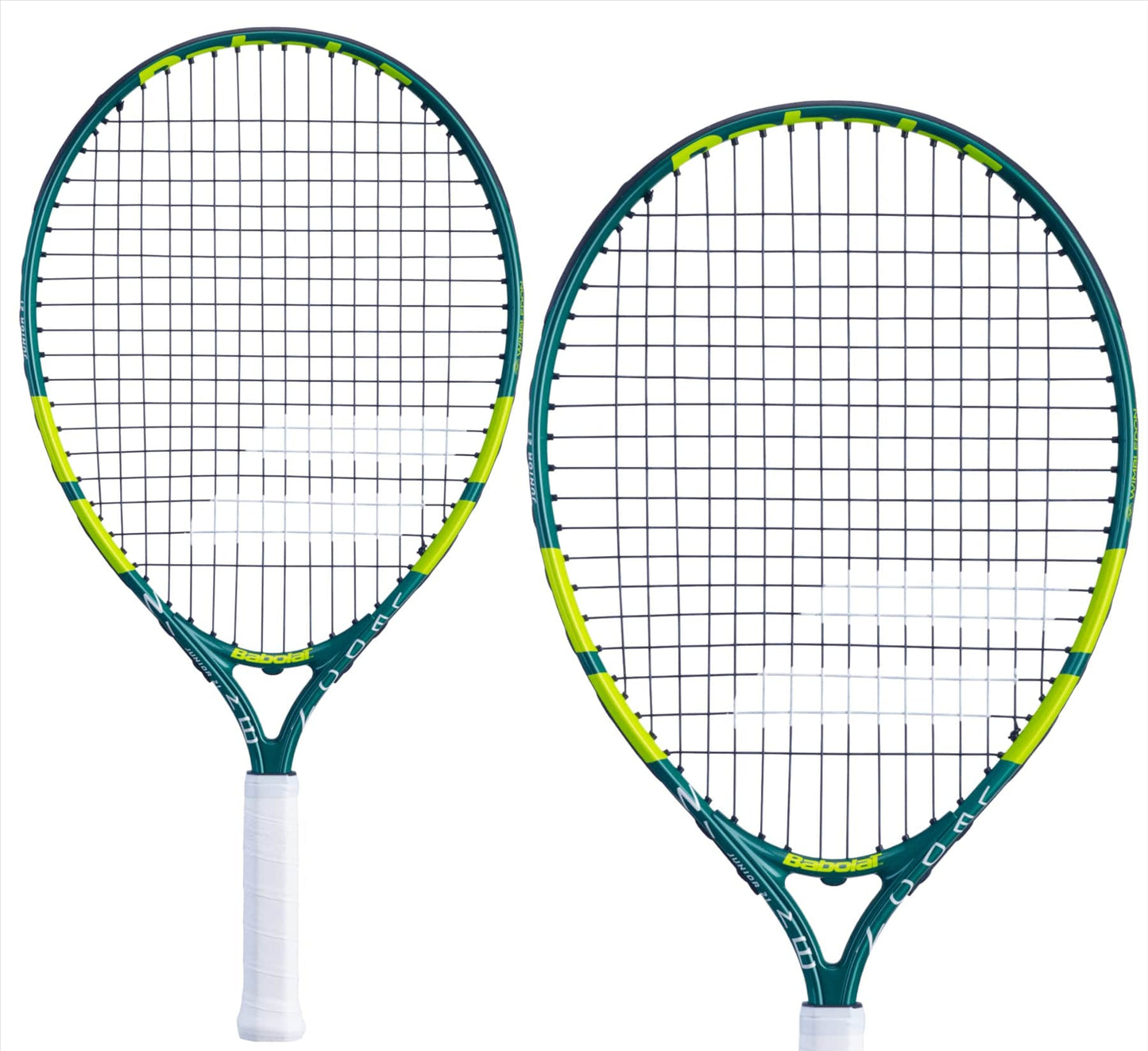 A pair of Babolat Wimbledon 21 Junior Tennis Rackets, in green with yellow accents and white grips, are arranged side by side against a white background. These aluminum rackets feature black strings and a modern, sleek design, making them perfect for aspiring talents at the Wimbledon Junior Tennis Racket tournaments.