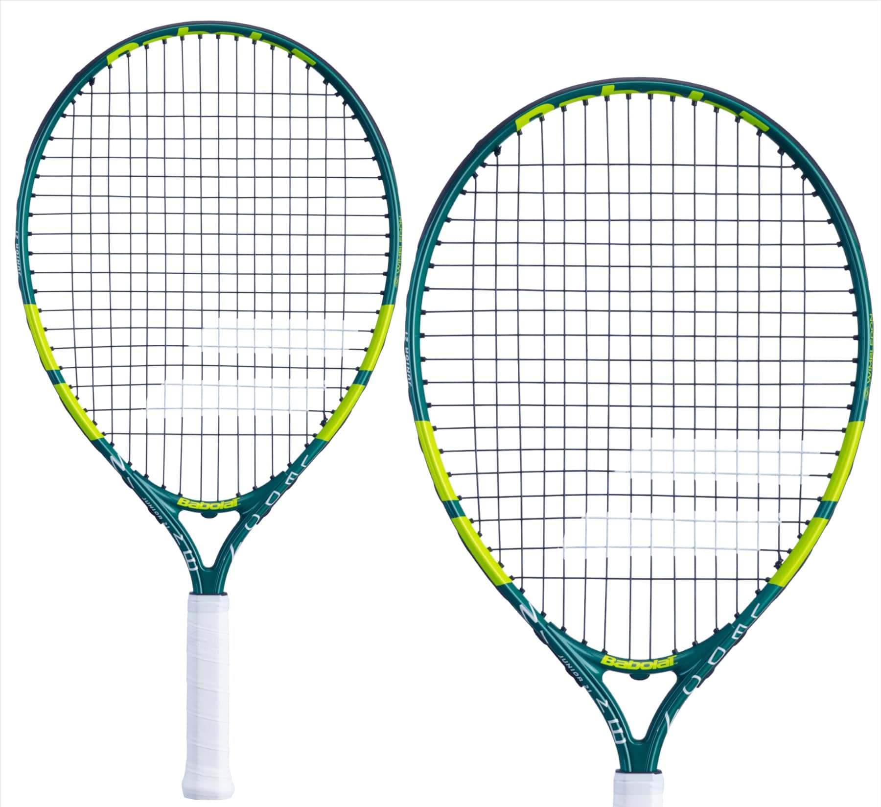 A pair of Babolat Wimbledon 21 Junior Tennis Rackets, in green with yellow accents and white grips, are arranged side by side against a white background. These aluminum rackets feature black strings and a modern, sleek design, making them perfect for aspiring talents at the Wimbledon Junior Tennis Racket tournaments.