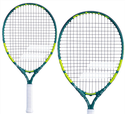 A pair of Babolat Wimbledon 21 Junior Tennis Rackets, in green with yellow accents and white grips, are arranged side by side against a white background. These aluminum rackets feature black strings and a modern, sleek design, making them perfect for aspiring talents at the Wimbledon Junior Tennis Racket tournaments.