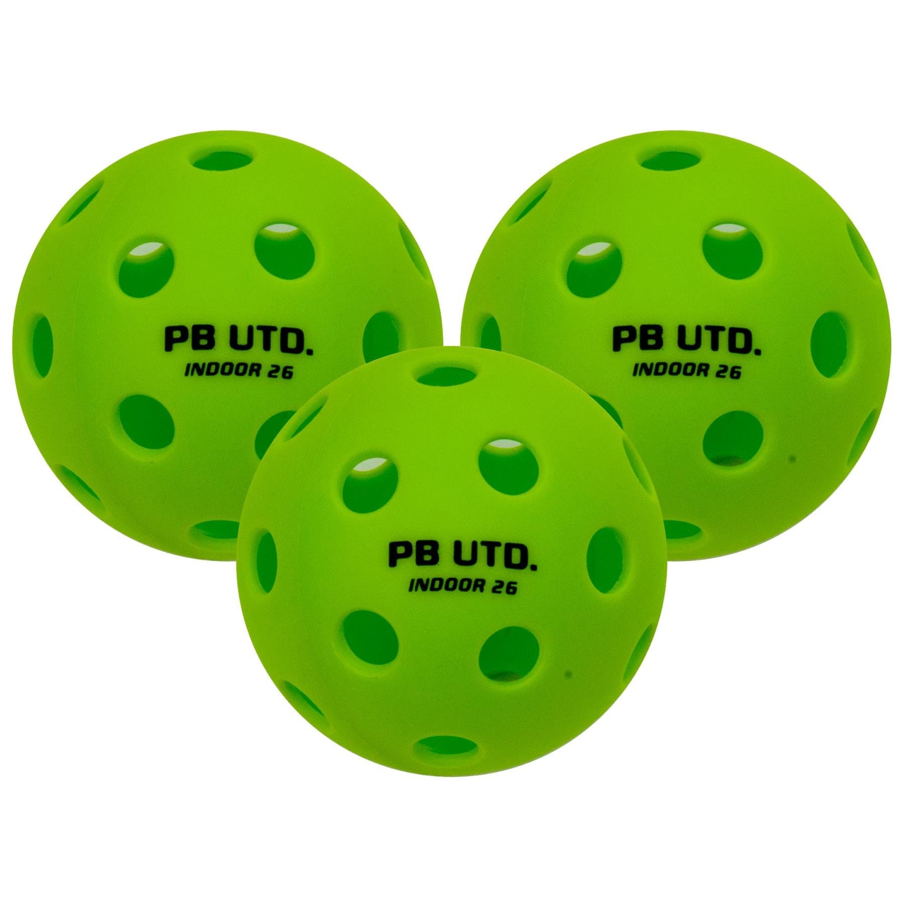 Three Pickleball United Freedom 26 Indoor Pickleball Balls (green, set of 3), each marked "PB UTD. INDOOR 26" in black, are made of durable TPU plastic and displayed together on a white background.
