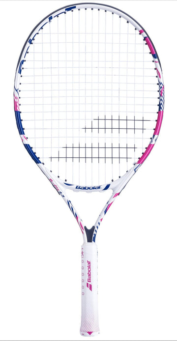 The Babolat B-Fly 23 Junior Tennis Racket showcases a blue and pink pattern on its white frame and strings, with the brand name "Babolat" prominently displayed on both the shaft and head. The racket features a white grip highlighted with pink accents, designed for beginners, and is set against a plain white background.