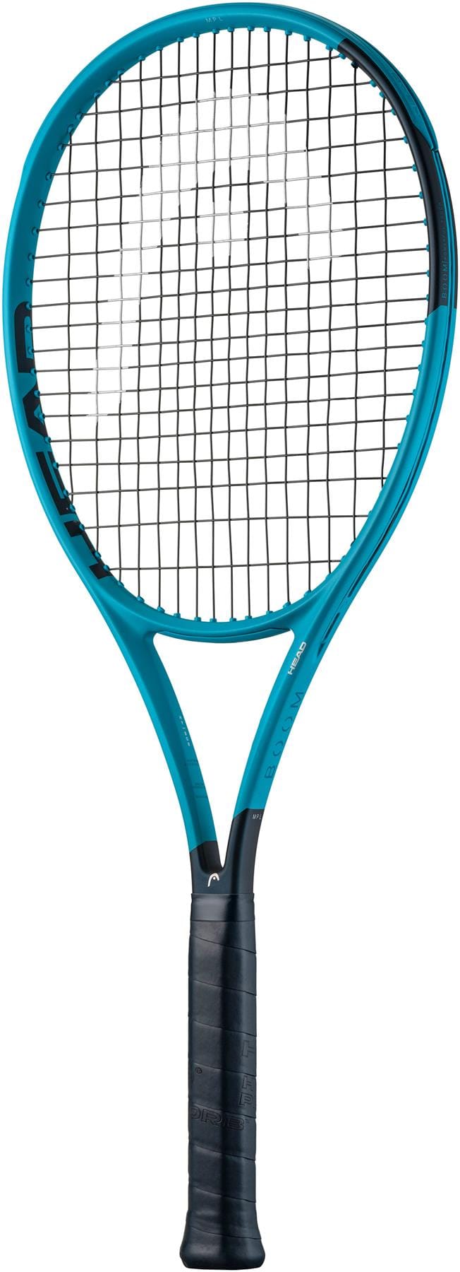 The HEAD Boom MP L 2026 Tennis Racket by HEAD features a teal and black design with a black grip and tightly strung strings, optimized for effortless power, and is shown upright against a white background.