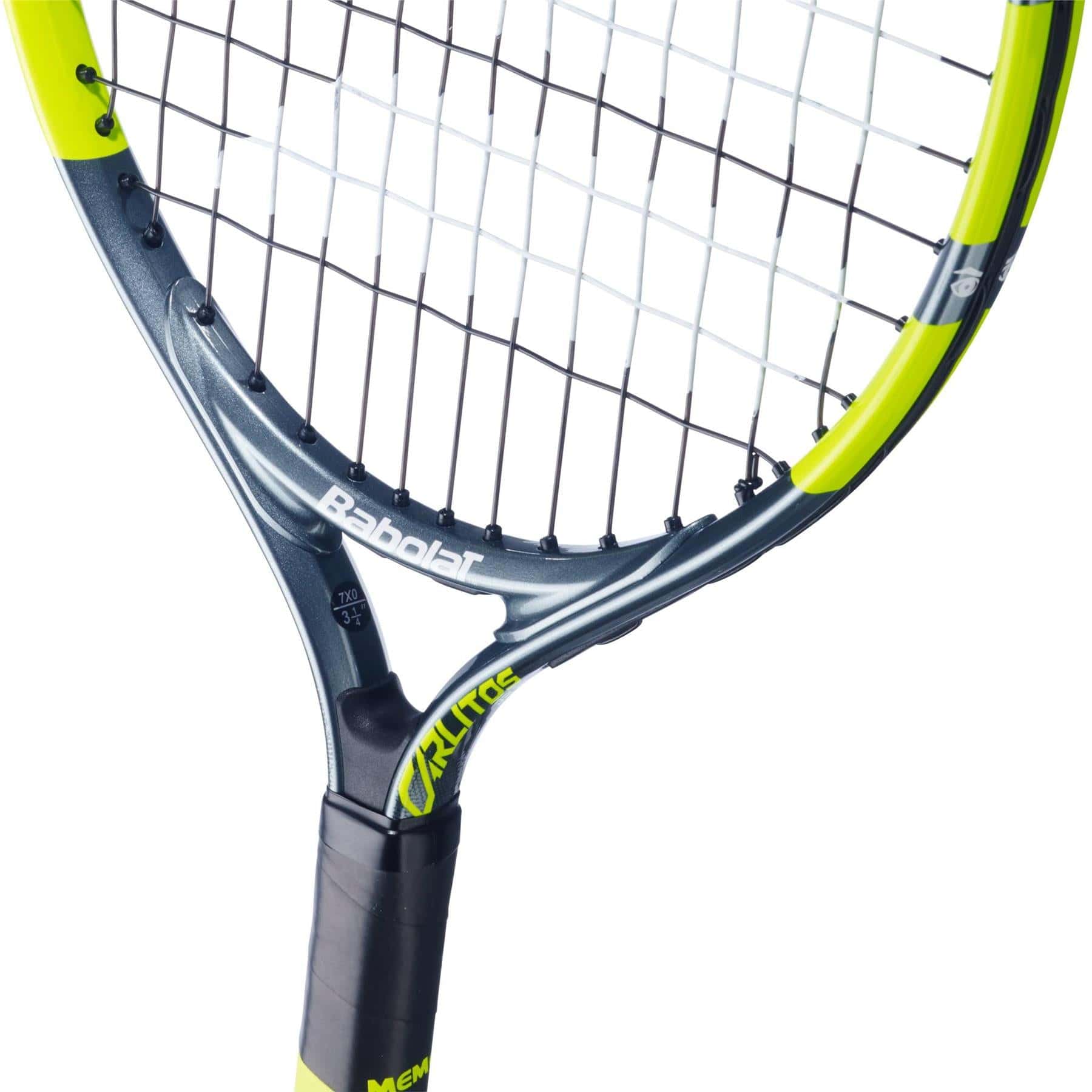 Close-up of the Babolat Carlitos Junior 19 Tennis Racket for kids, featuring a black and yellow frame with visible strings and handle. The Babolat brand name appears on the junior racket's frame.