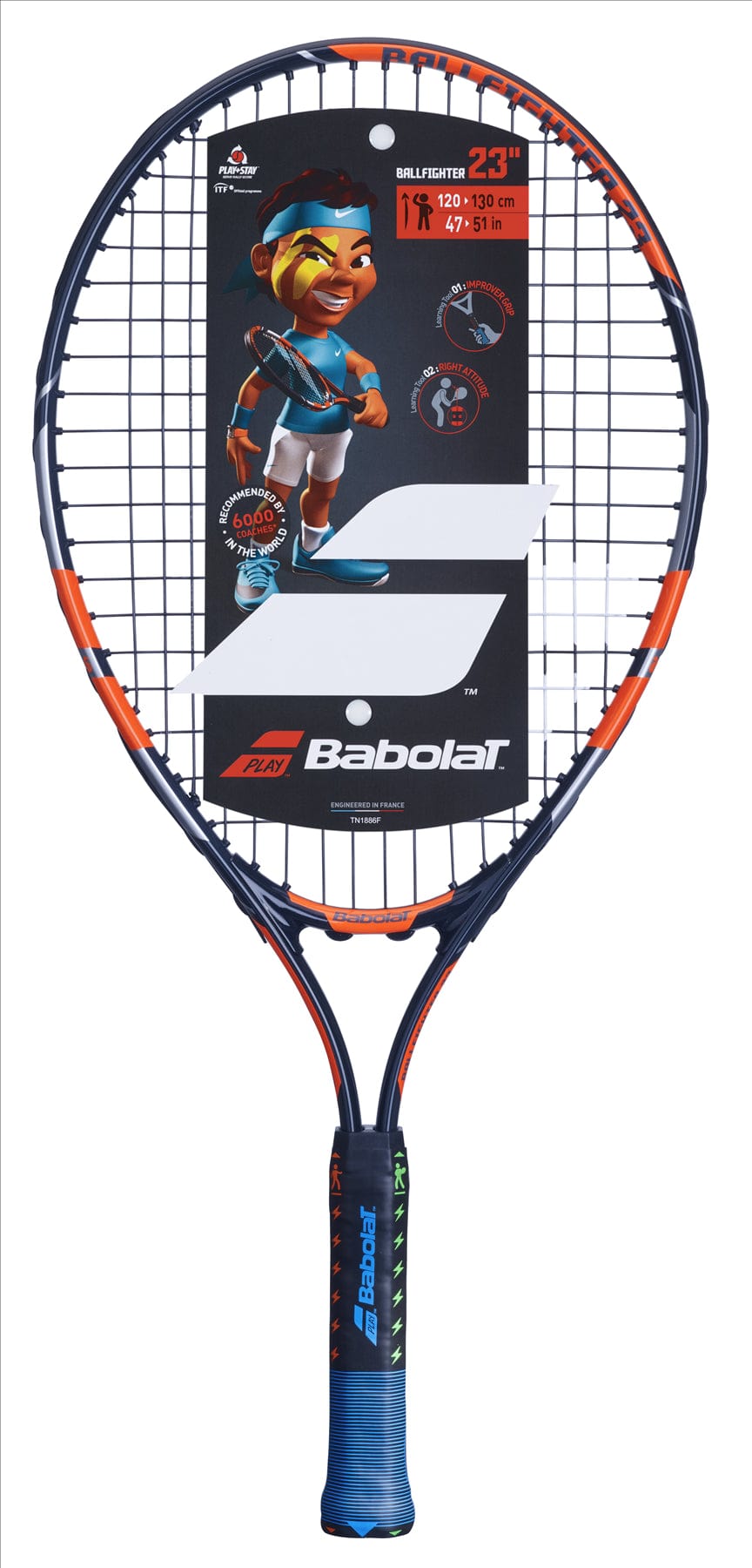 The Babolat Ballfighter 23 Junior Tennis Racket, branded with "Babolat," is crafted for beginner children players. It features an engaging cartoon character and measures 23 inches, making it ideal for kids 120-130 cm in height. The racket's striking black, orange, and grey colors are designed to captivate young players' attention.