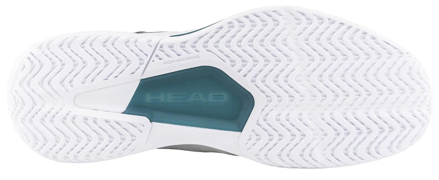 The image shows the white rubber sole of HEAD Revolt Evo 5.0 Men's Tennis Shoes (White/Black) by HEAD, featuring a herringbone tread, teal "HEAD" label, and “NON-MARKING” near the arch for comfort and performance.