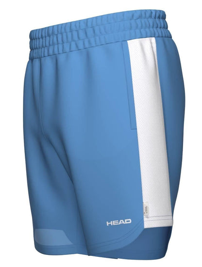 HEAD Power Men's Tennis Shorts in Airforce Blue/White feature a white stripe, elastic waistband, and HEAD logo at the hem. These breathable athletic shorts have smooth fabric ideal for sports performance.