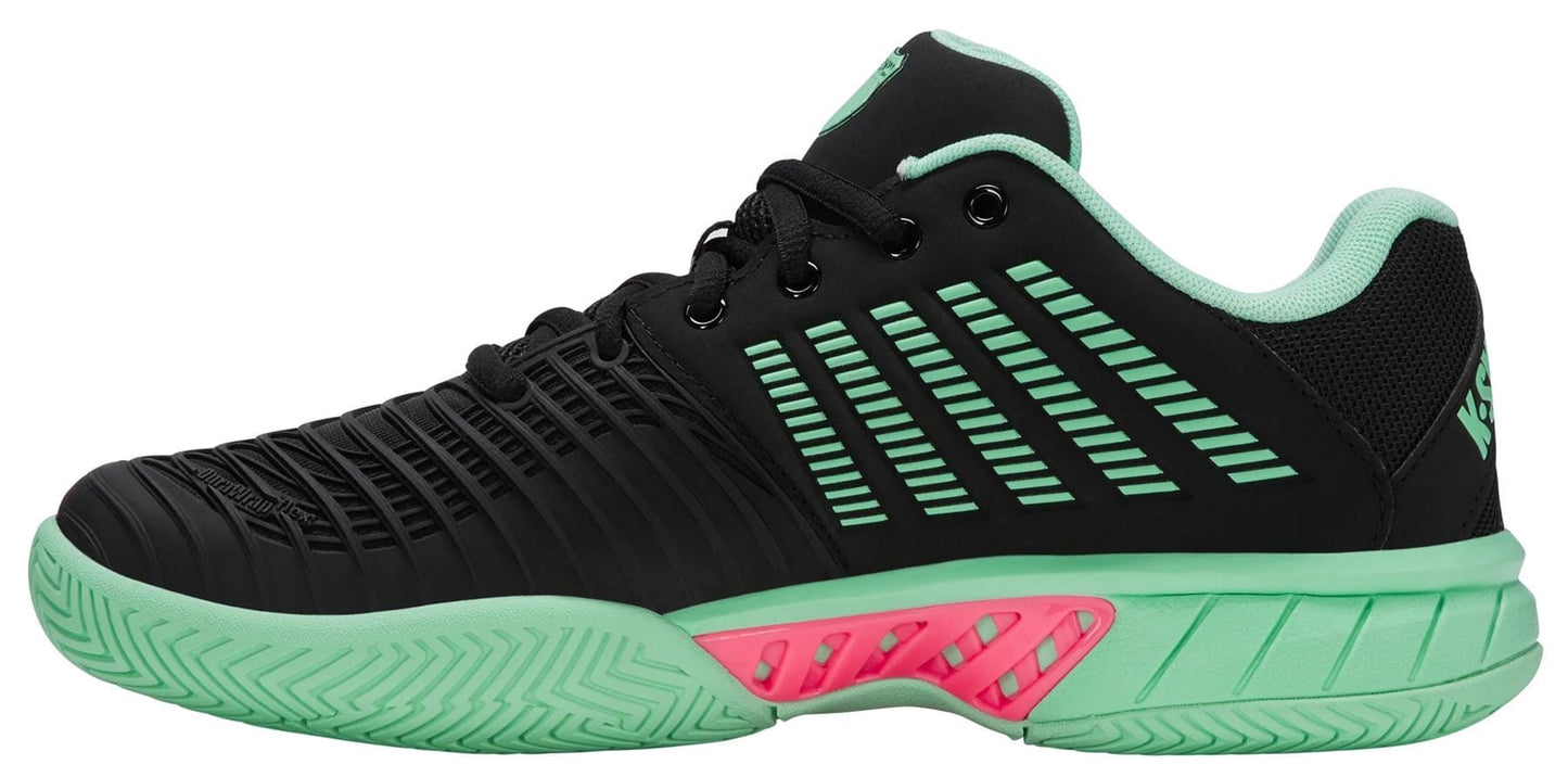 The K-Swiss Express Light 3 Women’s Tennis Shoes in Black/Neon Mint/Pastel Pink feature mint accents, diagonal green stripes, a pink midsole detail, and black laces—offering lightweight, stylish comfort for the court.