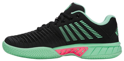 The K-Swiss Express Light 3 Women’s Tennis Shoes in Black/Neon Mint/Pastel Pink feature mint accents, diagonal green stripes, a pink midsole detail, and black laces—offering lightweight, stylish comfort for the court.