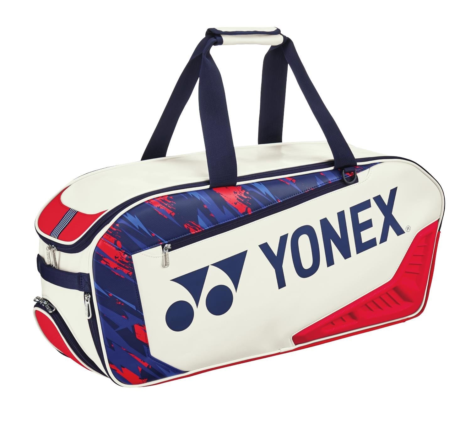 The Yonex 02331EX 2024 Expert Tournament Tennis Racket Bag features a sophisticated design with a white base and accents of blue, red, and white. This stylish bag comes with blue straps and proudly displays a large Yonex logo on one side.