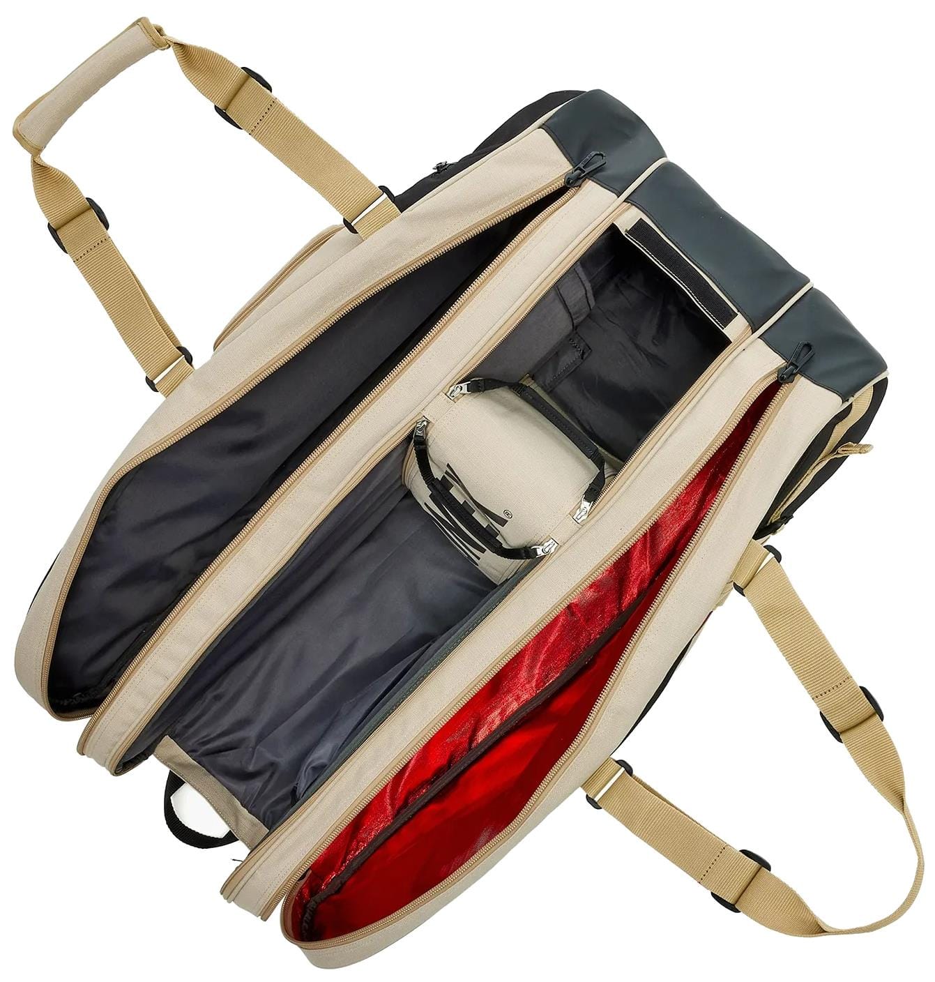 The Yonex BA72629EX Gearlogic 9 Racket Tennis Bag in beige is open, showing a roomy interior with separate compartments, including one lined in red and another containing a small gray pouch.