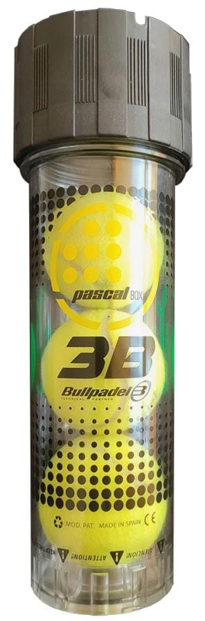 The Bullpadel Pascal Tennis Ball Pressuriser - 3 Ball Tube is a transparent cylinder with a gray lid holding three yellow padel balls. The label features "Pascal Box" and "Bullpadel 3B," dotted graphics, and product details at the bottom.