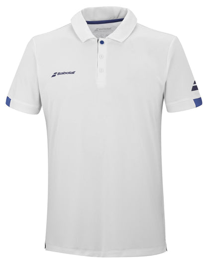 The Babolat Play Men's Tennis Polo Shirt in white combines style and performance on the court with Fiber Dry technology. Featuring a collar, short sleeves, and blue accents, it is adorned with the Babolat logo on both the chest and sleeve.