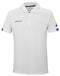 The Babolat Play Men's Tennis Polo Shirt in white combines style and performance on the court with Fiber Dry technology. Featuring a collar, short sleeves, and blue accents, it is adorned with the Babolat logo on both the chest and sleeve.