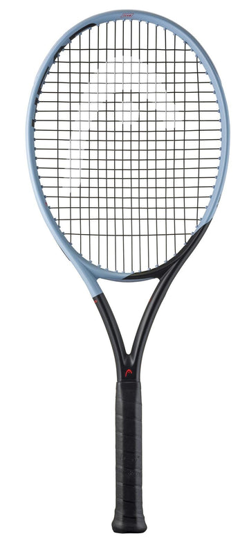 The HEAD Instinct Team 2025 Tennis Racket by HEAD features a lightweight, light blue frame with black strings and grip, shown upright against a white background—perfect for players seeking comfort and power on the court.