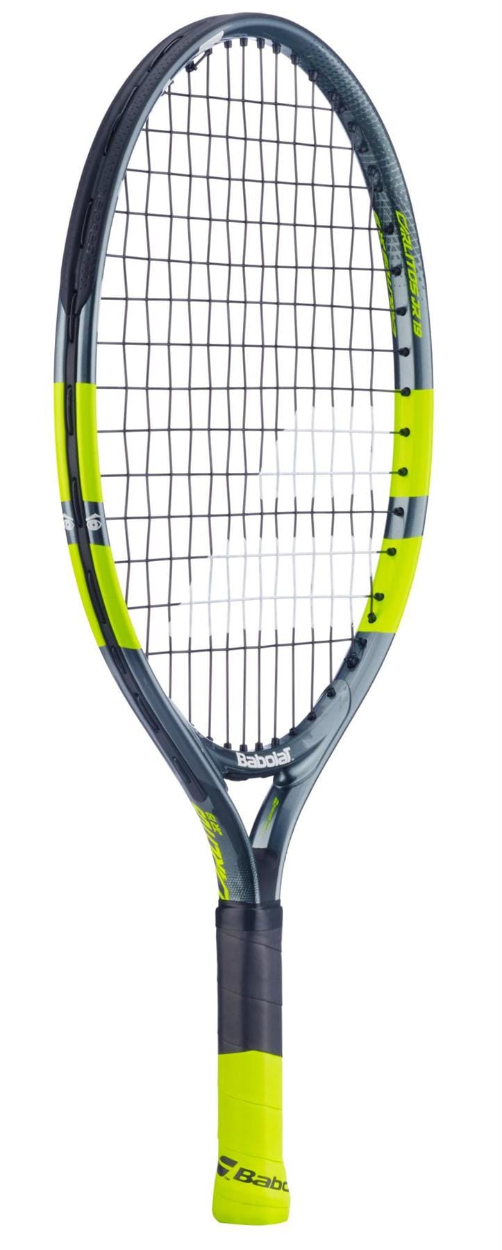 The Babolat Carlitos Junior 19 Tennis Racket for kids features a black and yellow design, a green grip, and the Babolat brand name on the lower frame and handle.
