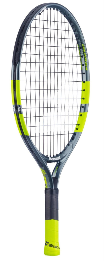 The Babolat Carlitos Junior 19 Tennis Racket for kids features a black and yellow design, a green grip, and the Babolat brand name on the lower frame and handle.