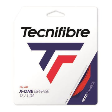 The Tecnifibre X-One Biphase Tennis String Set in red is a premium product known for delivering ultimate power. It features a 17/1.24 gauge and comes in packaging that is predominantly white, adorned with red and blue accents, and prominently displays the iconic "T" logo that emphasizes the famous Biphase process.