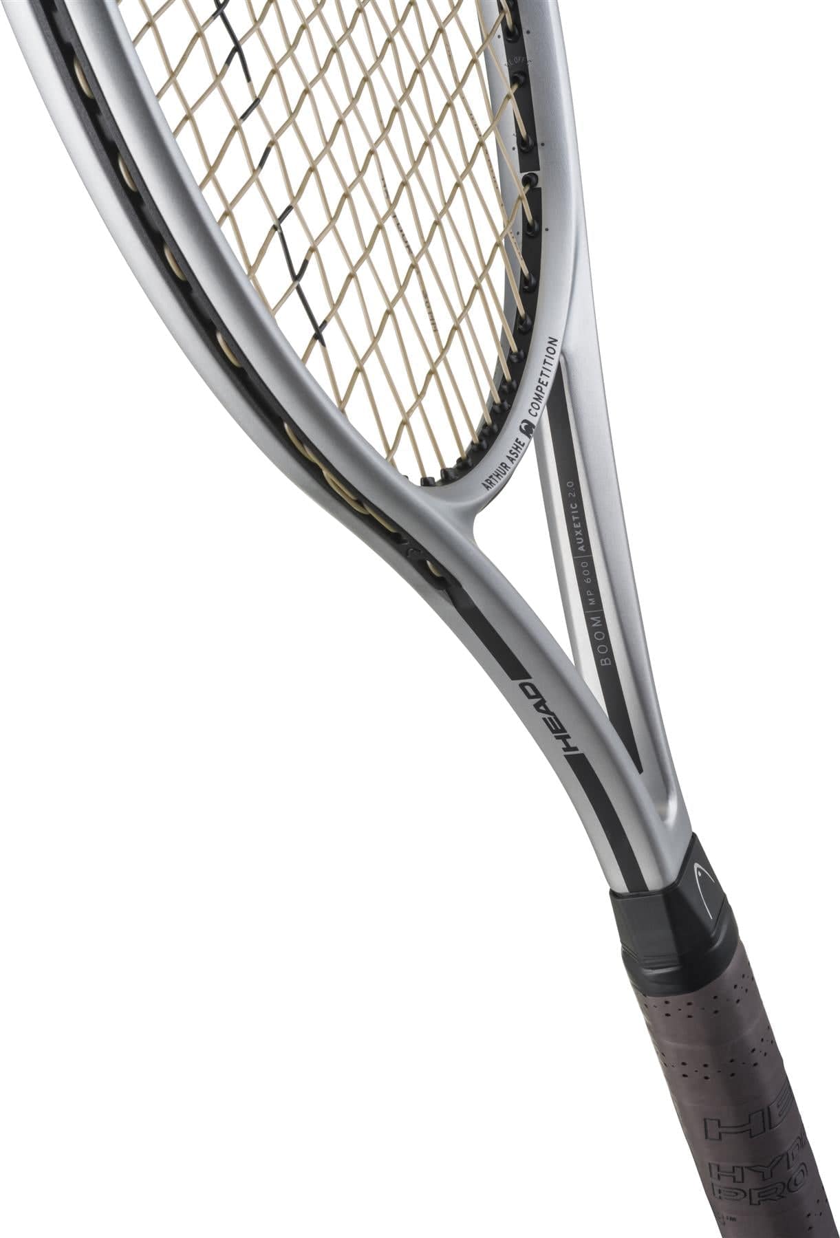 Close-up of the limited-edition HEAD Arthur Ashe Competition 2025 Tennis Racket - Silver, featuring tan strings and a sleek silver and black frame, set against a white background.