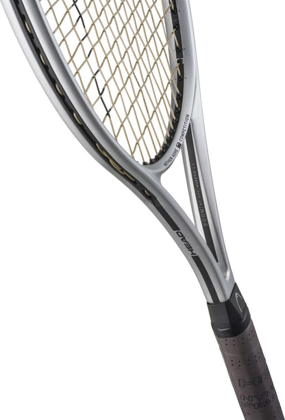 Close-up of the limited-edition HEAD Arthur Ashe Competition 2025 Tennis Racket - Silver, featuring tan strings and a sleek silver and black frame, set against a white background.
