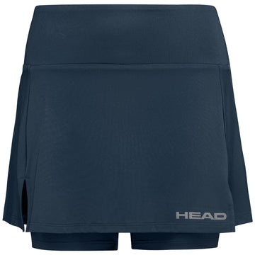 The HEAD Women's Club Basic Tennis Skort in Navy features a flat waistband and side slit, crafted from moisture transfer microfiber for comfort. The skort is detailed with the gray "HEAD" logo on the lower right side.