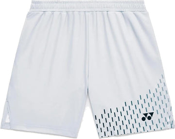 The Yonex 15241EX Knit Mens Tennis Shorts in Silver Grey feature an elastic waistband, a subtle pattern on the lower right leg, and a black Yonex logo. These moisture-wicking shorts keep you cool and comfortable on the court.