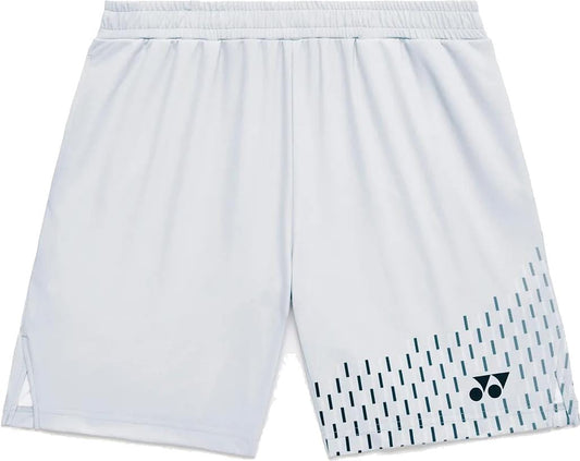 The Yonex 15241EX Knit Mens Tennis Shorts in Silver Grey feature an elastic waistband, a subtle pattern on the lower right leg, and a black Yonex logo. These moisture-wicking shorts keep you cool and comfortable on the court.