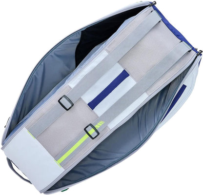The Yonex BA52526EX Club 6 Racket Tennis Bag (White/Blue) features roomy interior compartments, gray straps, mesh panels, and yellow-blue detailing, all seen from above in this durable Yonex tennis bag.