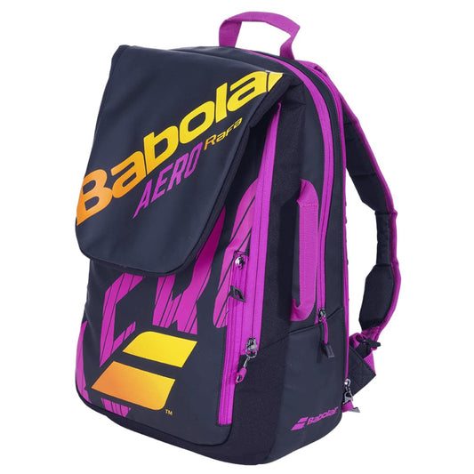 Introducing the Babolat Pure Aero RAFA Tennis Backpack in a sleek black, pink, and yellow design. The brand name is prominently displayed in orange on the front flap. This stylish backpack features a large main compartment, padded straps for comfort, and side zippers for additional storage.