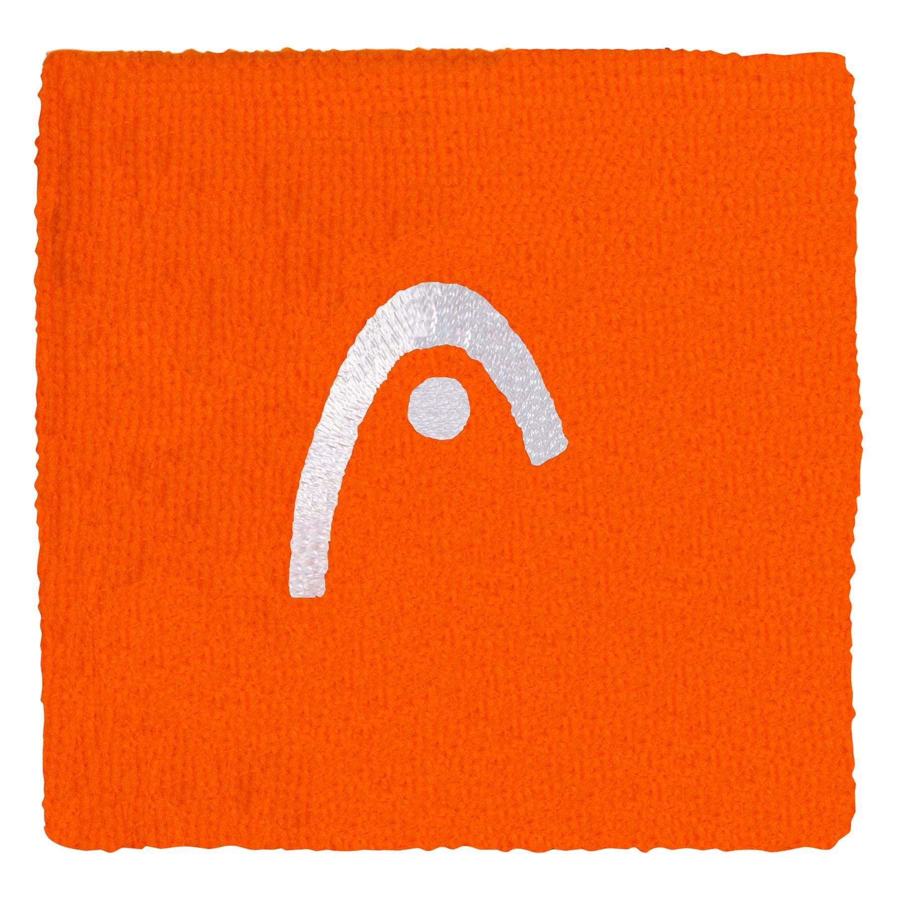 The HEAD 2.5" Tennis Wristband in orange features a white embroidered arc and dot logo, offering both comfort and style on the court—ideal as a sweatband for tennis players.