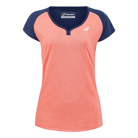 The Babolat Play Women's Cap Sleeve Tennis Top in Fluo Strike and Estate Blue showcases a striking coral pink body accented with stylish navy blue sleeves and neckline trim. Made from Fiber Dry-polyester, this top offers excellent breathability and comfort. It features a small logo on the chest and a branded tag inside the collar for added detail.