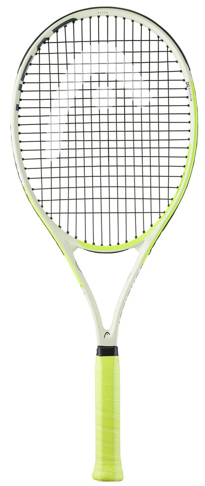 The HEAD MX Attitude Elite Tennis Racket by HEAD, shown vertically on a white background, features a white and neon yellow frame with black strings and a neon yellow grip—an ideal lightweight choice for beginner tennis players.