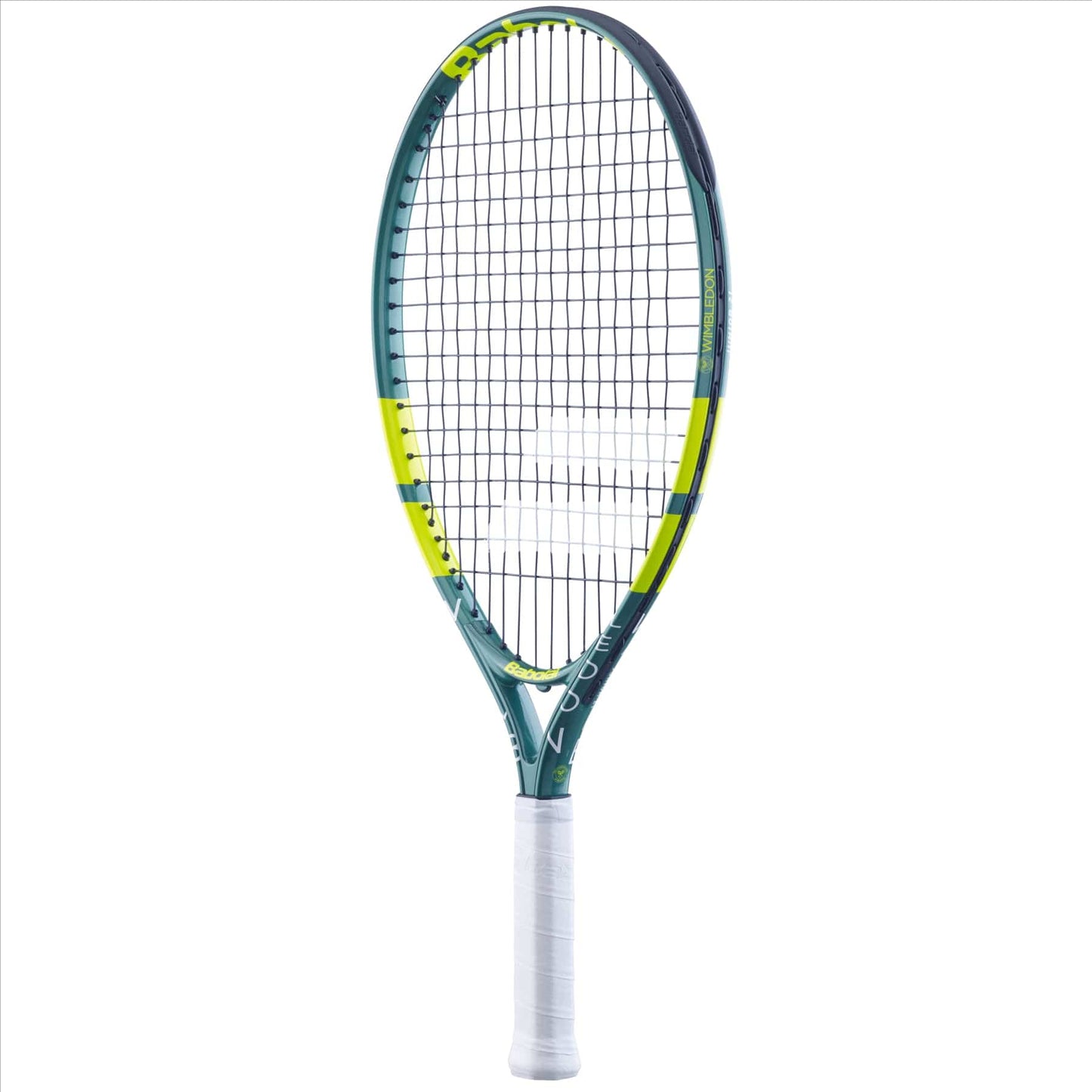 A green Babolat Wimbledon 21 Junior Tennis Racket is showcased against a plain white backdrop. The aluminum frame boasts a contemporary design with closely strung strings and prominent branding accents, paired with a white grip.