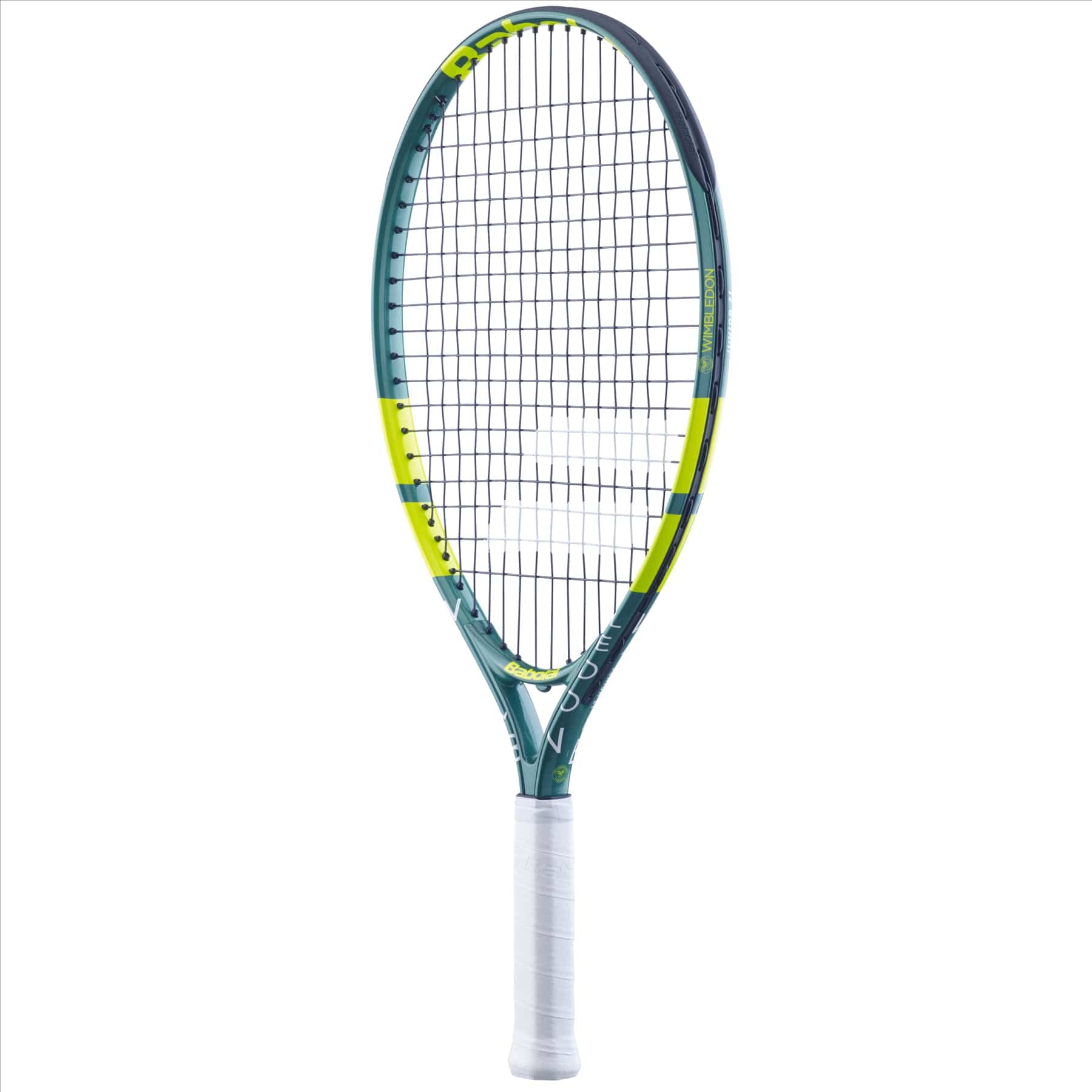 A green Babolat Wimbledon 21 Junior Tennis Racket is showcased against a plain white backdrop. The aluminum frame boasts a contemporary design with closely strung strings and prominent branding accents, paired with a white grip.