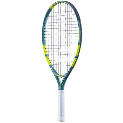 A green Babolat Wimbledon 21 Junior Tennis Racket is showcased against a plain white backdrop. The aluminum frame boasts a contemporary design with closely strung strings and prominent branding accents, paired with a white grip.
