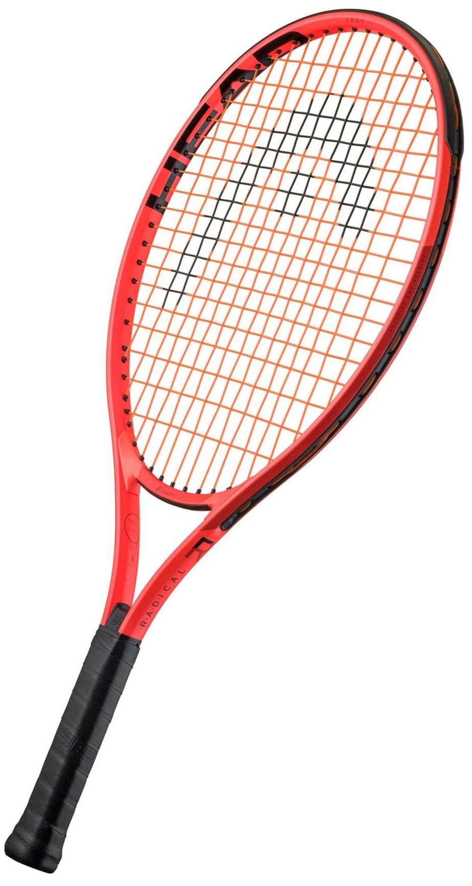 The HEAD Radical Junior 23 2025 Tennis Racket in orange features a striking frame and black grip, with logo-adorned grid strings. Its modern design includes a damp+ insert for improved performance, ideal for young tennis enthusiasts.