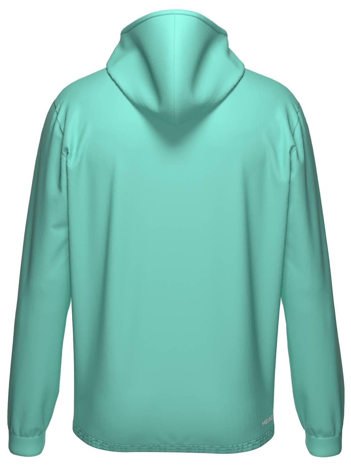 A plain, light turquoise HEAD Topspin Mens Tennis Hoodie - TQXU shown from the back, featuring a hood and long sleeves with no visible designs—crafted for comfort by HEAD.