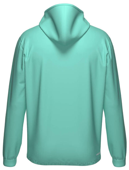 A plain, light turquoise HEAD Topspin Mens Tennis Hoodie - TQXU shown from the back, featuring a hood and long sleeves with no visible designs—crafted for comfort by HEAD.