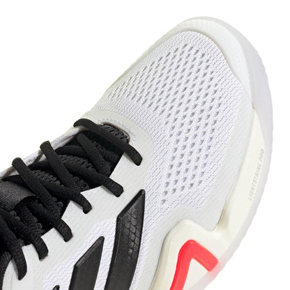 Close-up of the adidas Barricade 14 Mens WIDE Tennis Shoes in white, featuring black laces, black and white accents, mesh fabric, a pop of bright pink on the sole, and "LIGHTSTRIKE PRO" printed on the midsole.