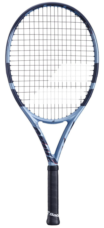 The Babolat Pure Drive Junior 25 Gen 11 Tennis Racket by Babolat features a blue and black design with a black handle, tightly strung strings, and is designed for advanced young players; shown upright on a white background.