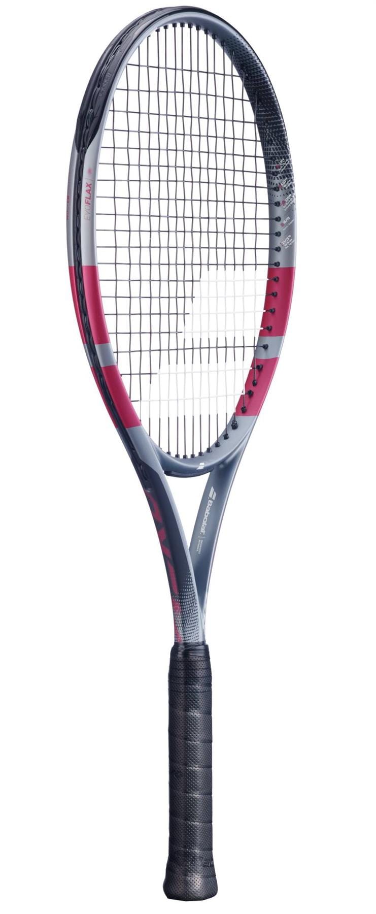 The Babolat Evo Aero Pink 2026 tennis racket features a pink design with the iconic white logo on its strings, making it ideal for intermediate to advanced players seeking modern performance and style.