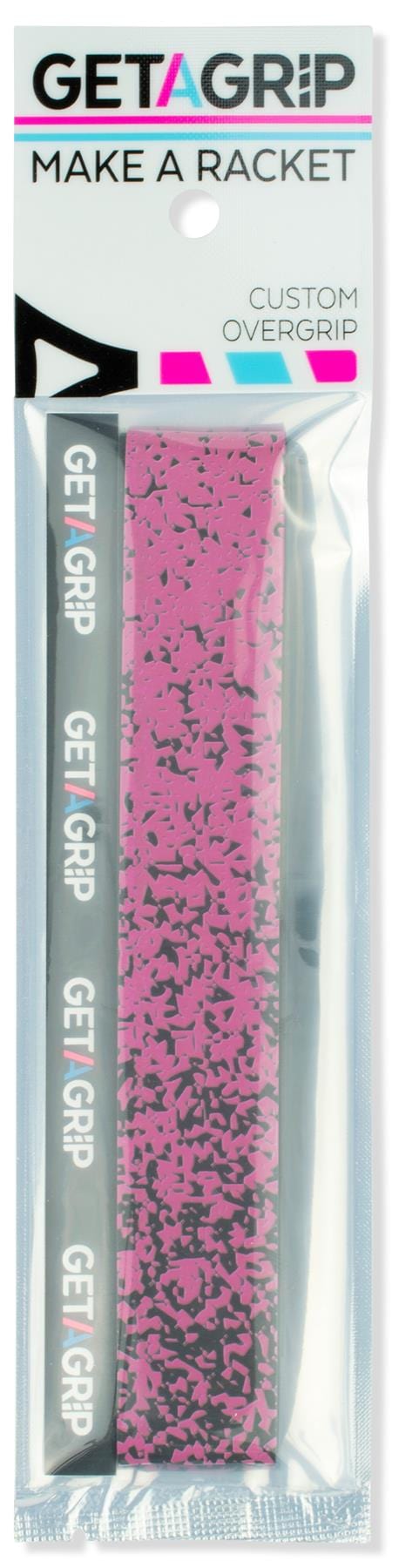 The Get A Grip Tennis Overgrip - Looking Sharp features a pink grip with black speckles and “GETAGRiP” text on a white strip. Packaged with “MAKE A RACKET,” it’s a fun tennis gift for any player.