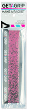 The Get A Grip Tennis Overgrip - Looking Sharp features a pink grip with black speckles and “GETAGRiP” text on a white strip. Packaged with “MAKE A RACKET,” it’s a fun tennis gift for any player.
